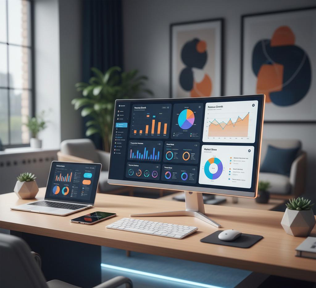 Modern digital workspace with analytics dashboards and collaborative team environment